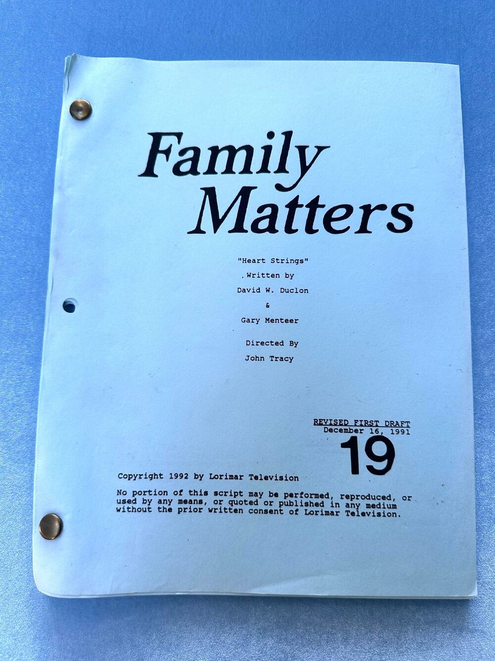 FAMILY MATTERS TV Script "Heart Strings" 1991 Original Production Revised Draft